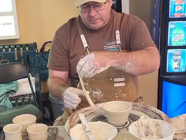 Harry, pottery wheel, clay, and mud
