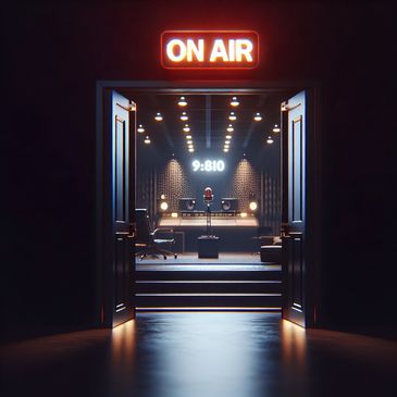 Radio studio with 'ON AIR' sign and microphone.