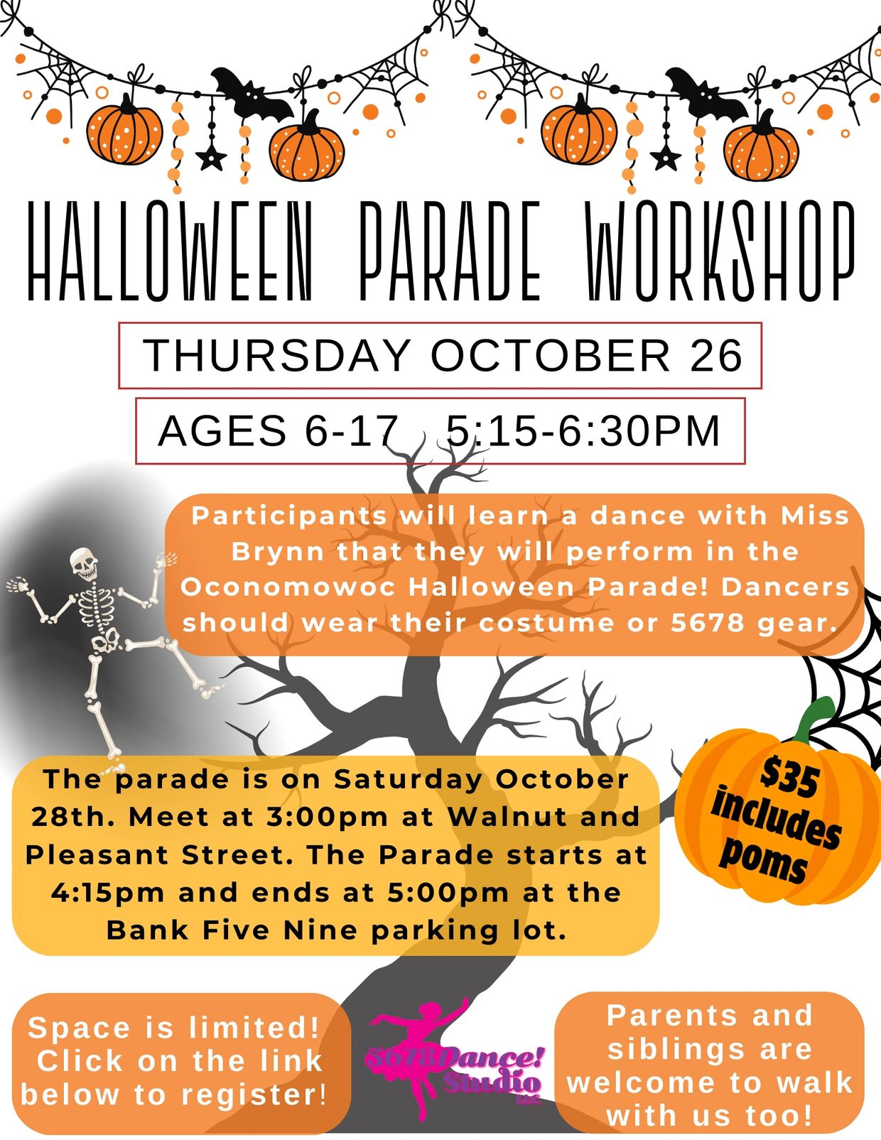 Halloween Parade Workshop on October 26 for ages 6-17 with dance performance.