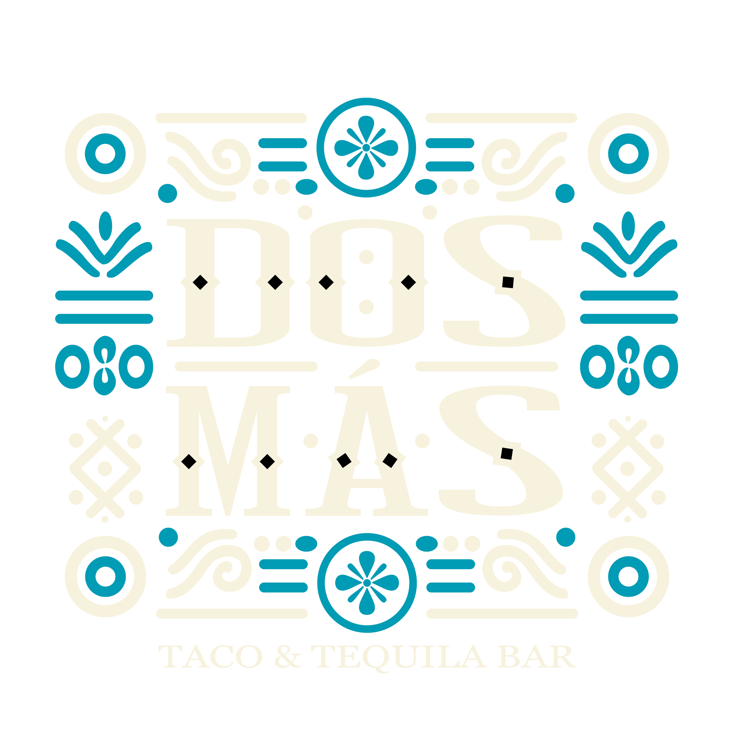 Logo design for Dos Más Taco & Tequila Bar with decorative blue and white elements.
