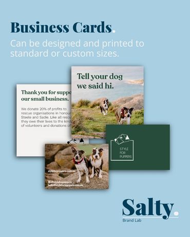 Business cards showcasing a dog-related brand with heartfelt messaging and contact details.