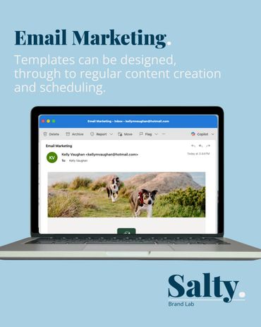 Laptop showing an email marketing template with dogs, promoting content creation and scheduling.