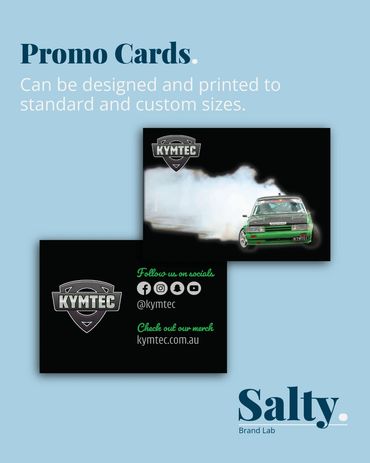 Promo cards for KYMTEC featuring a drifting car and social media info.