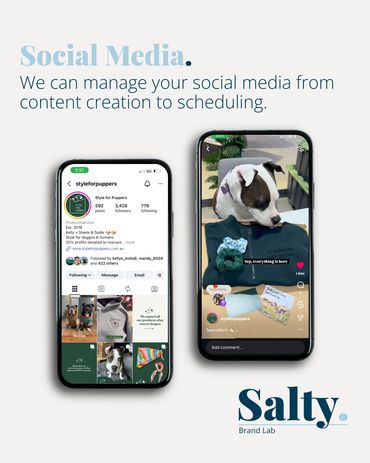 Social media management services showcased with dog-themed content on two smartphones.