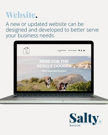 Laptop displaying a dog rescue website with business service text.