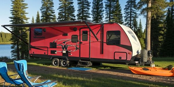 Red camper trailer parked by a lake with camping chairs and a kayak nearby.