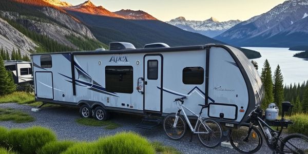 A travel trailer parked by a lake with mountains in the background.