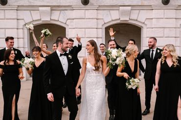 Wedding Party dressed in black and white color story for May Wedding outside of DIA in Detroit