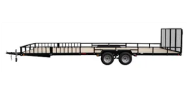 Flatbed utility trailer with ramp and dual axles.