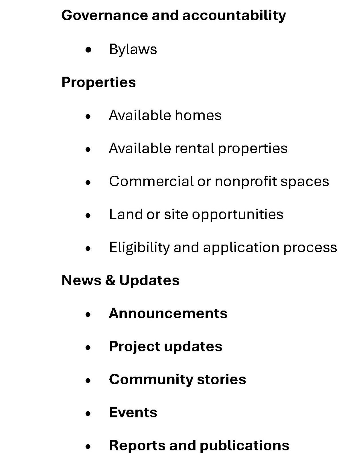List of categories including governance, properties, and news updates with related items.