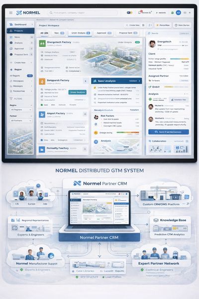 Dashboard and distributed GTM system interface for Normel Partner CRM with factory analysis and partner network.