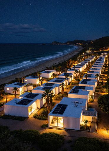 AI Powered Impression of a night view of OakZERO's Build To Rent Project at Tannum Sands, QLD, 4680.