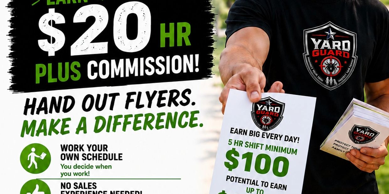 Flyer distribution job offering $20 per hour plus commission with flexible schedule and no sales experience needed.
