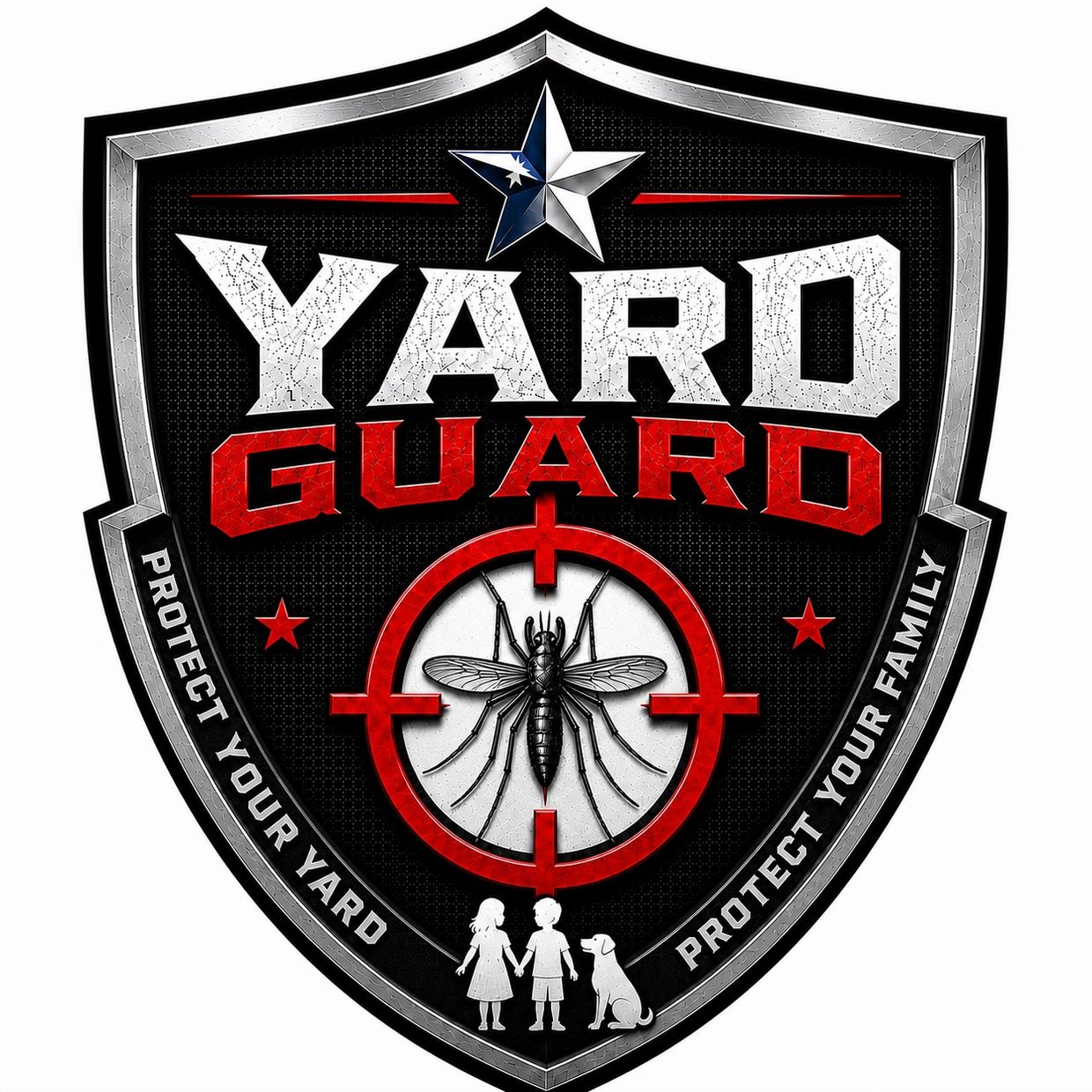 Shield logo with mosquito target, emphasizing yard and family protection.
