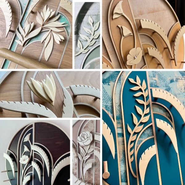 Intricate wooden floral carvings in various designs and backgrounds.