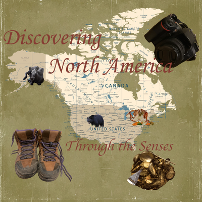 A Map of North America with food, animals, camera and shoes,  Discovering North America Through the 