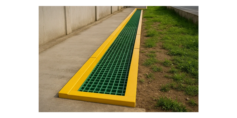 A green drainage grate with yellow borders beside a sidewalk and grass.