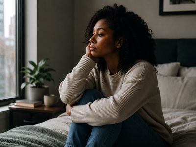 A woman sitting on a bed, looking thoughtfully out the window.