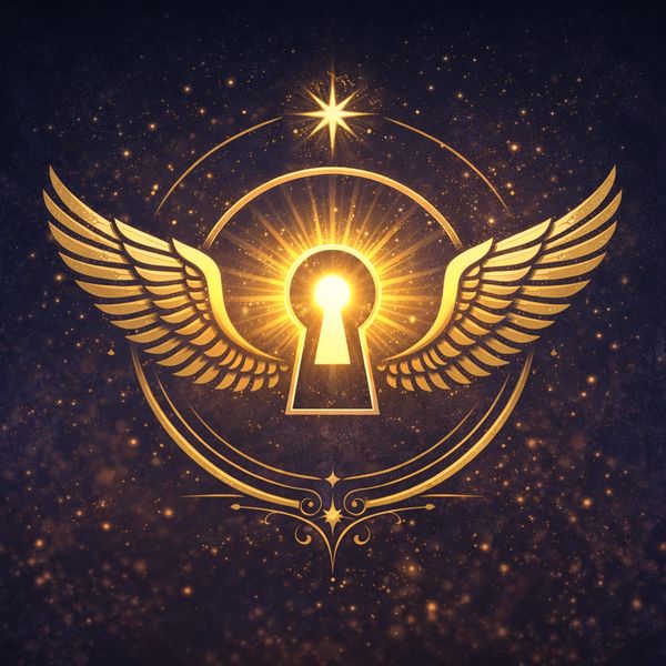 Golden winged keyhole with radiant star and sparkles on dark background.