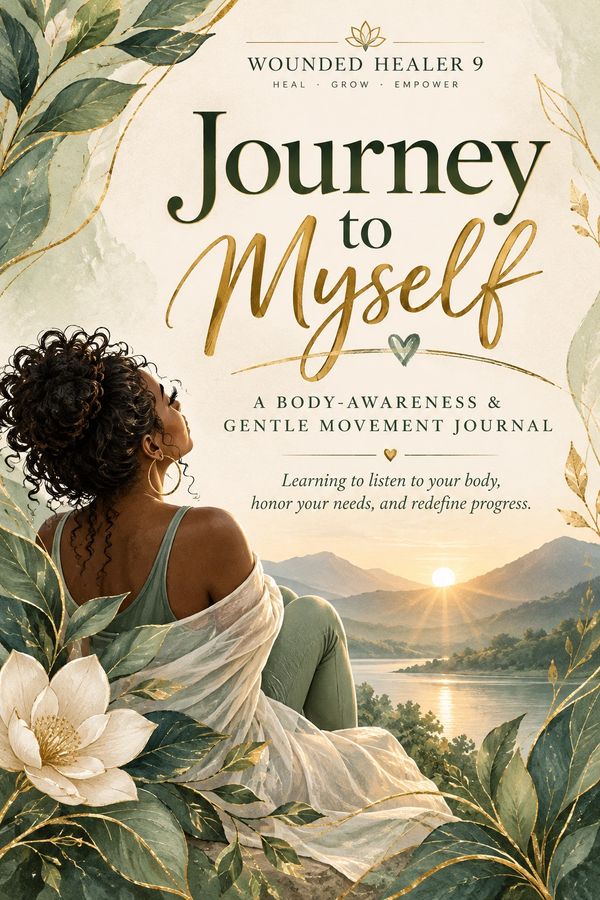 Cover of Journey to Myself, a guided wellness journal featuring a woman overlooking a peaceful mountain landscape in warm golden sunlight.