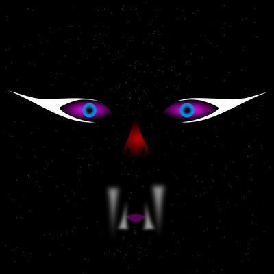 Dark mysterious face with glowing eyes and fangs.