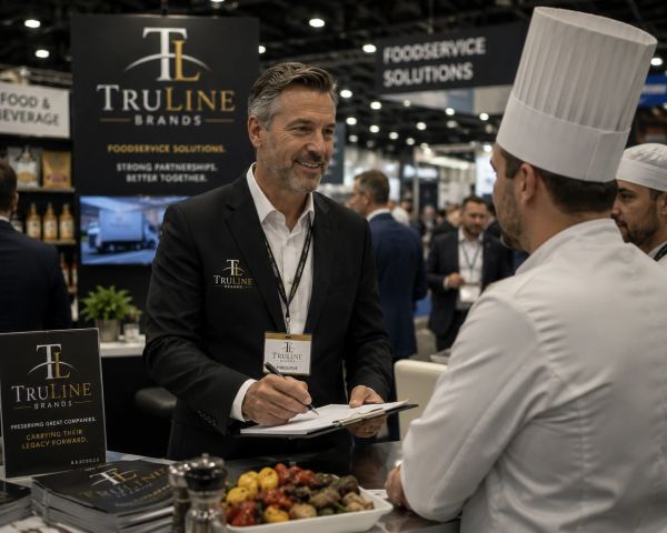 Businessman talking to a chef at a trade show booth.