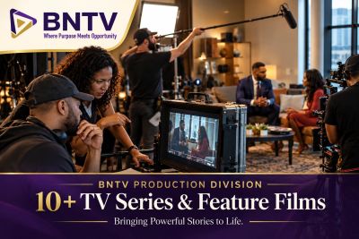 Film crew working on a TV series set with BNTV branding.