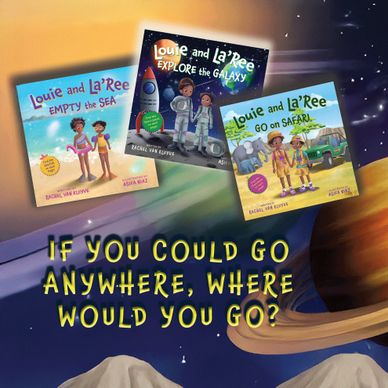Three children's books with a space and safari theme, asking where you'd go if you could travel anywhere.