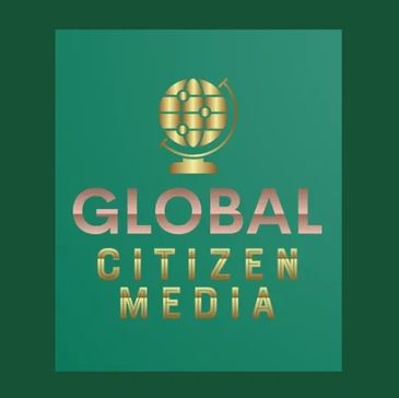 Logo of Global Citizen Media with a golden globe and text on a green background.