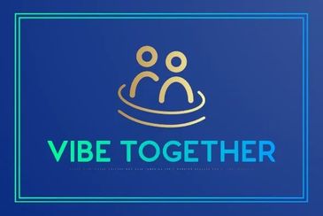 Logo with two figures and text 'VIBE TOGETHER' on blue background.
