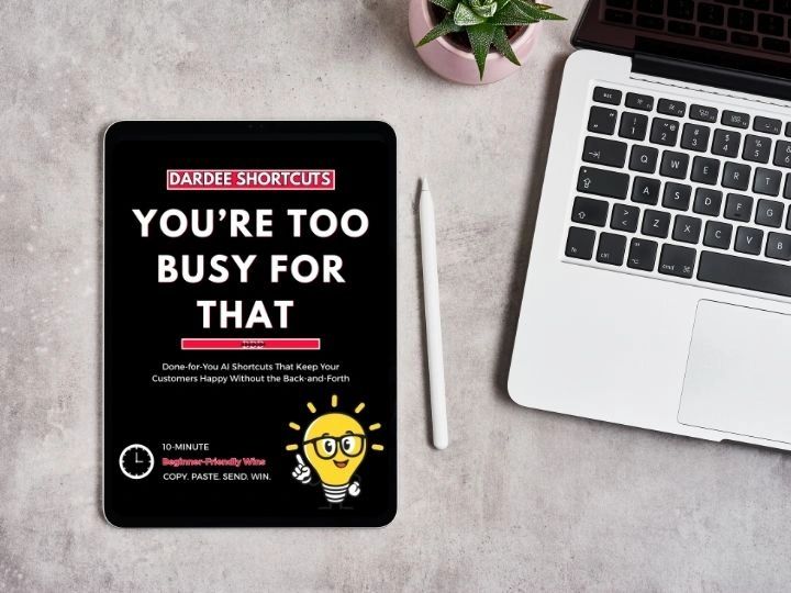 Workspace featuring the Dardee Shortcuts guide on a tablet beside a laptop, showcasing 25 free AI sh