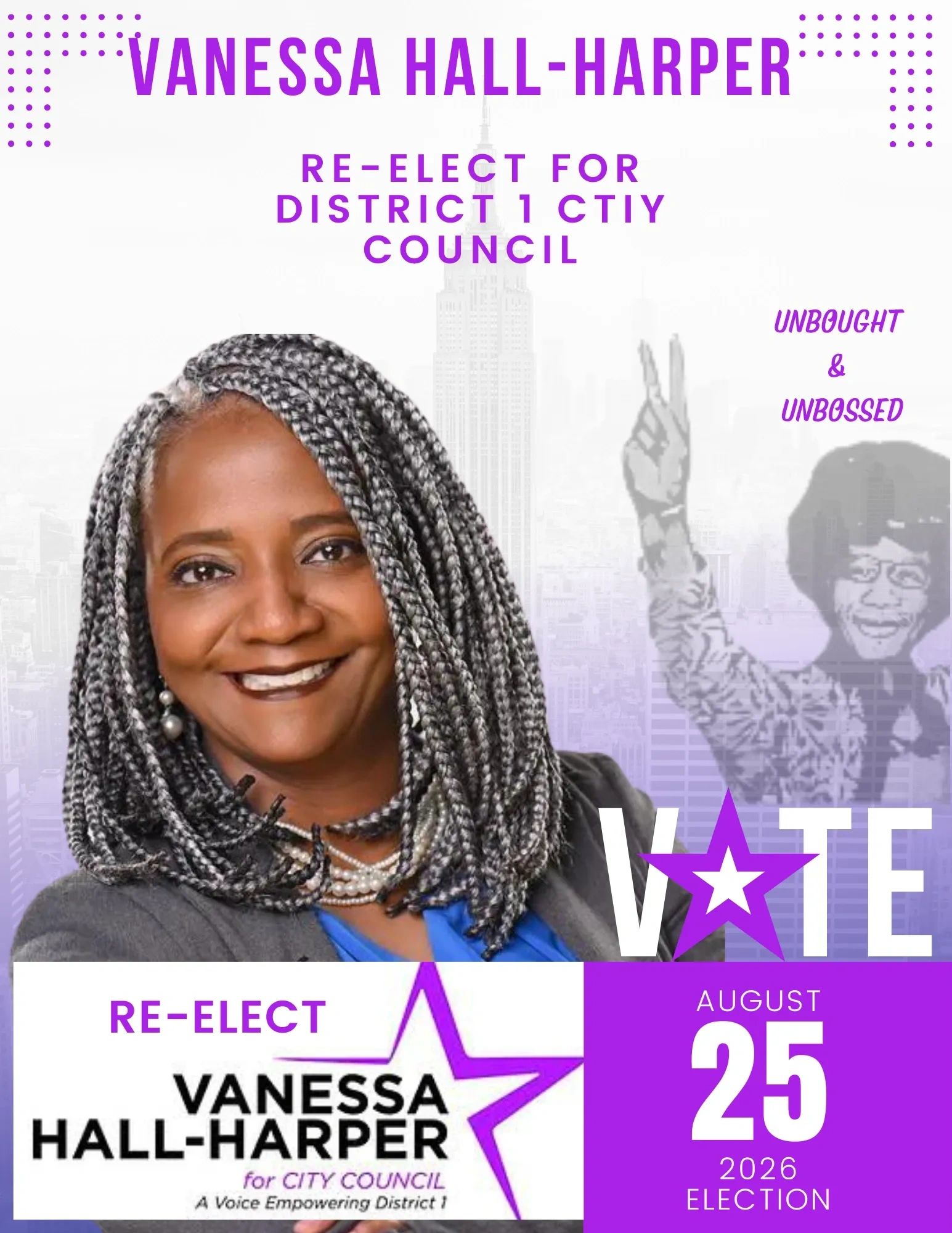 Vanessa Hall-Harper campaign poster for District 1 City Council re-election in 2026.