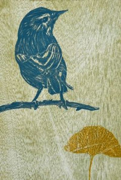 Woodcut style bird on a branch with a yellow leaf.