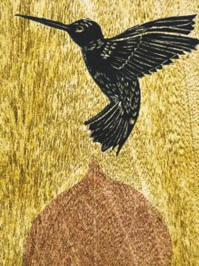 Artistic depiction of a black hummingbird in flight.