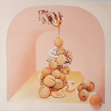 Artwork by Merritt Horan titles Precocious Apricots is a peachy tonal pile of fruit with a hand.