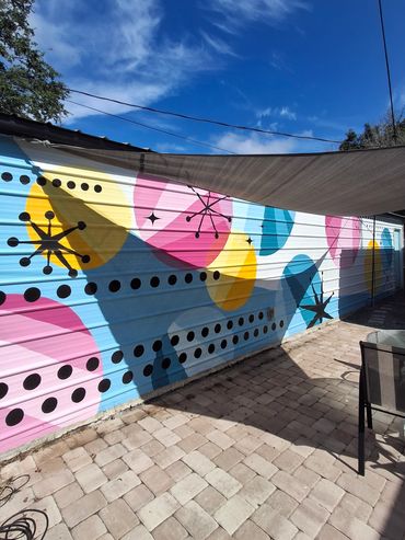 Mid Century Modern Backyard Mural on Corrugated Metal Surface