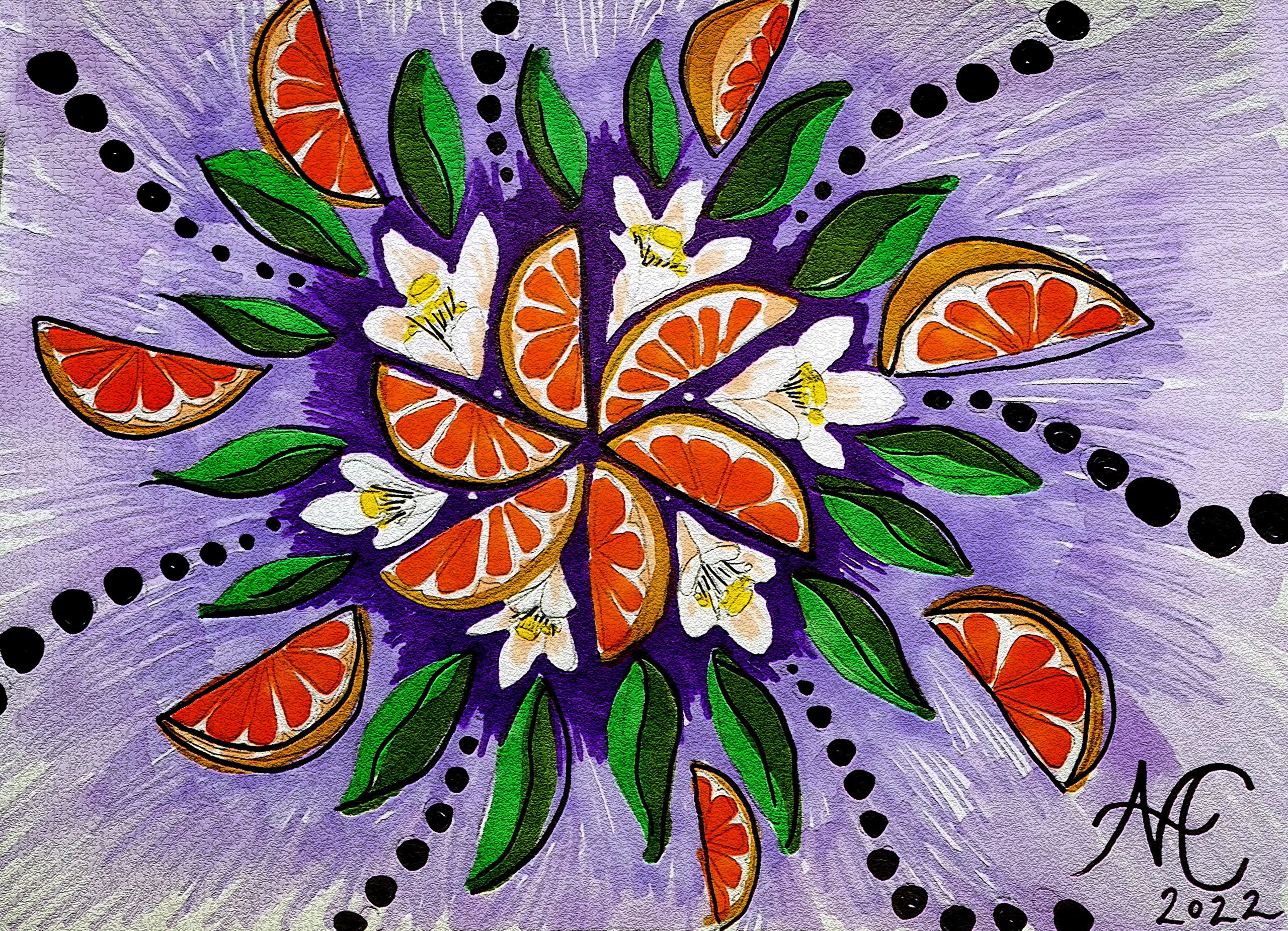 Drawing of tangerine slices arranged in a kaleidoscope layout with leaves and flowers. Purple behind