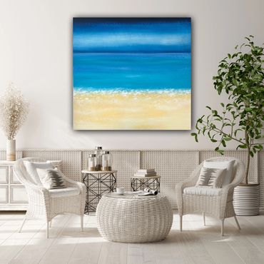 This impressionistic painting uses mixed shades of blue and yellow to create a sense of harmony, pea