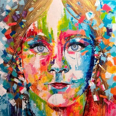 Eleonor's Portrait, 80 cm x 80 cm Impressionist- Abstract portrait made with acrylic paint and shape
