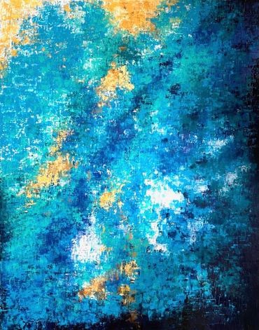 An abstract with a variety of blue and aquamarine tones reminiscent of the sea.