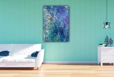 Abstract painting made with palette knives, shape with quality acrylic colors, and metal silver leaf