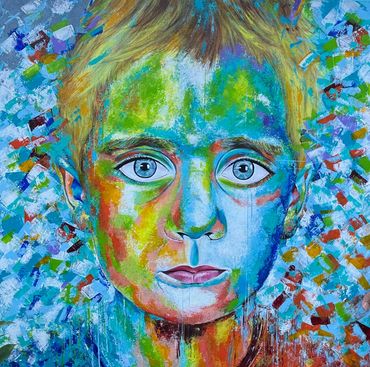 Luke's Portrait, 80 cm x 80 cm Impressionist- Abstract portrait made with acrylic paint and shaped w