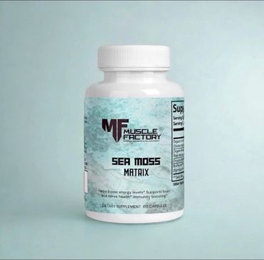 Muscle Factory Sea Moss Matrix supplement bottle designed for health and wellness.