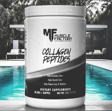 Muscle Factory Collagen Peptides supplement container promoting skin revitalization and nourishment.