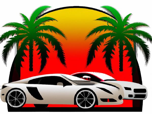 Two white sports cars with palm trees and a sunset background.