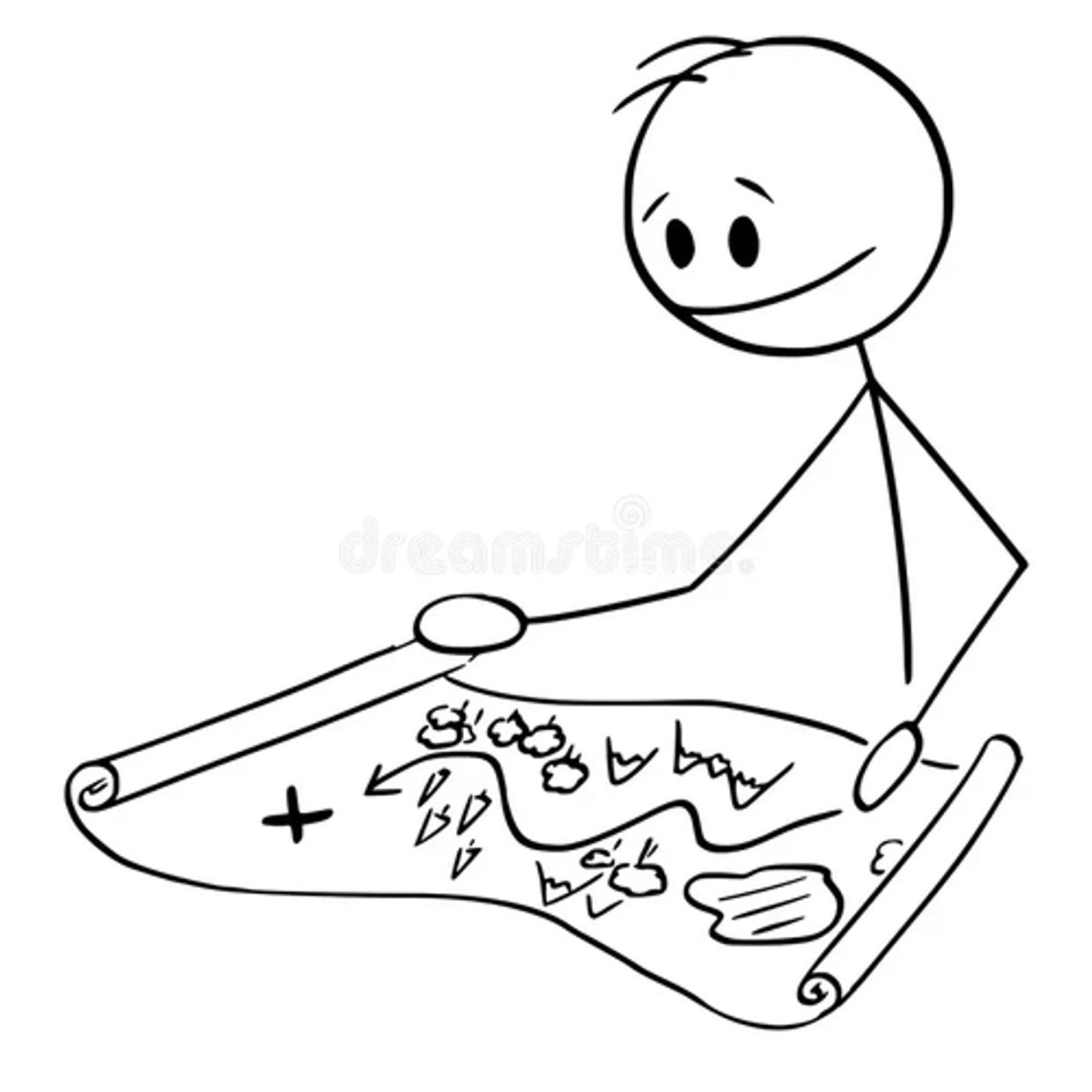 Stick figure studying a treasure map.