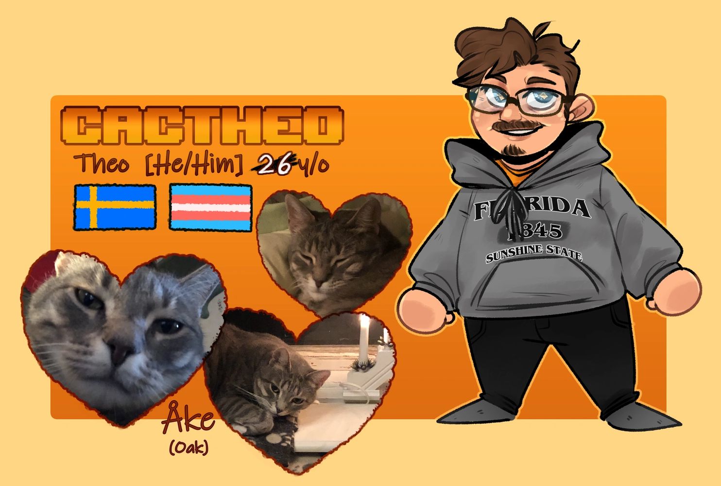 Introduction art of the artist & photos of his cat Oak and the text: cactheo, Theo, He/Him, 26 y/o