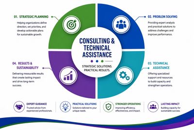 Infographic showing key aspects of consulting and technical assistance.