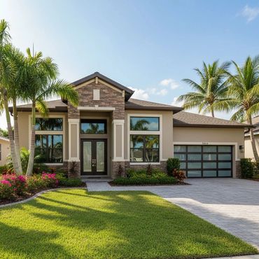 Modern single-story house with palm trees and a well-manicured lawn.