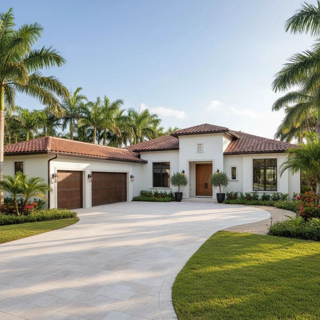 Modern house with a spacious driveway and tropical landscaping under a clear sky.